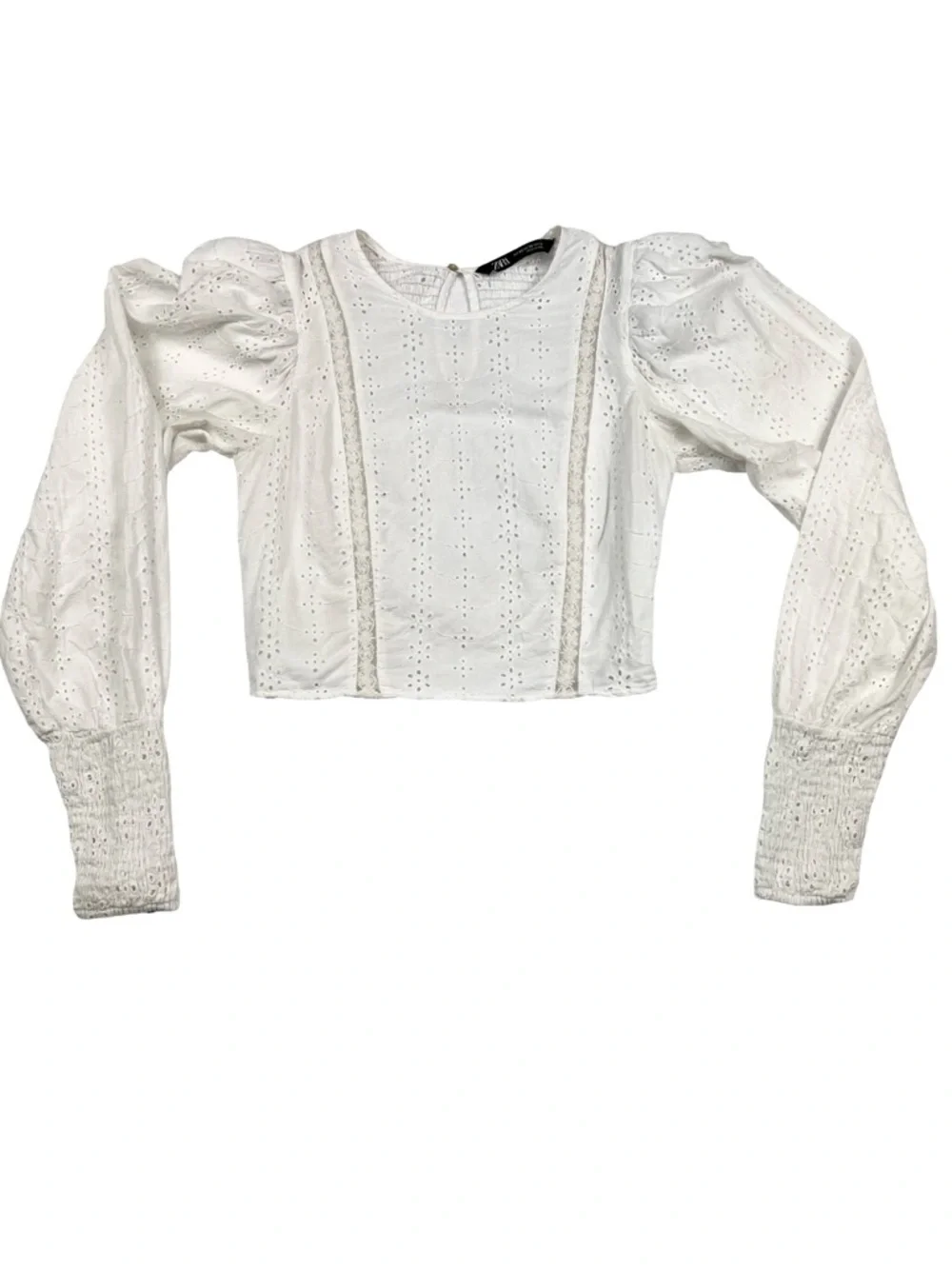 Zara‎ White Eyelet Puff-Sleeve Crop Top